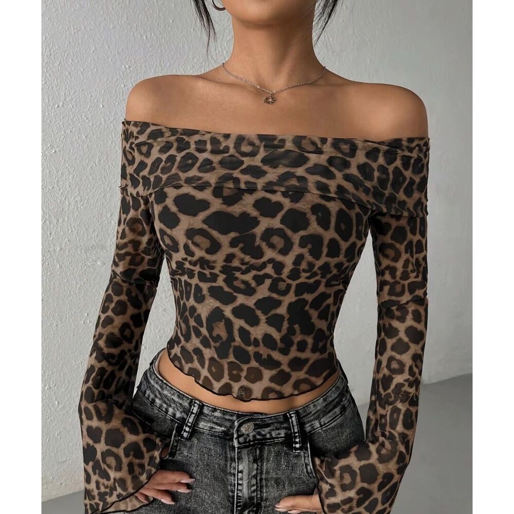 Leopard Print Off Shoulder Mesh Top Women’s Size Medium